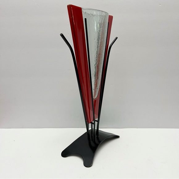 Vintage Postmodern Memphis Style Red Clear Art Glass Vase and Metal Stand - Picture 4 of 14